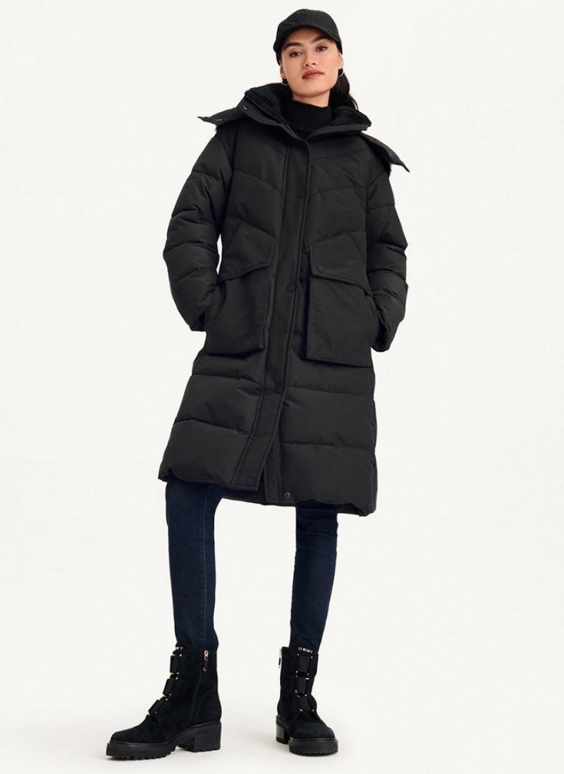 Black DKNY Long Puffer With Faux Fur Hood Women's Coats | USA-D0800
