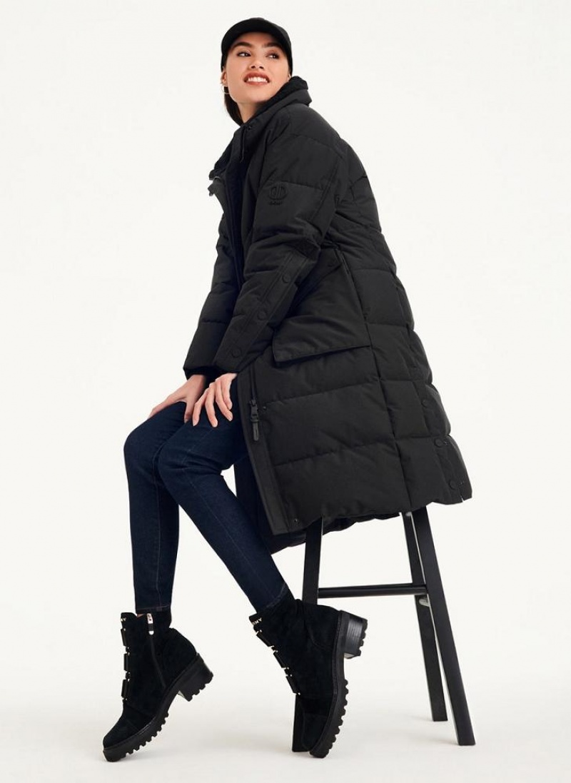 Black DKNY Long Puffer With Faux Fur Hood Women's Coats | USA-D0800