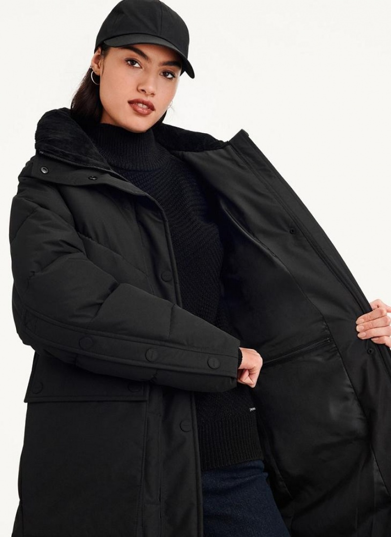 Black DKNY Long Puffer With Faux Fur Hood Women's Coats | USA-D0800