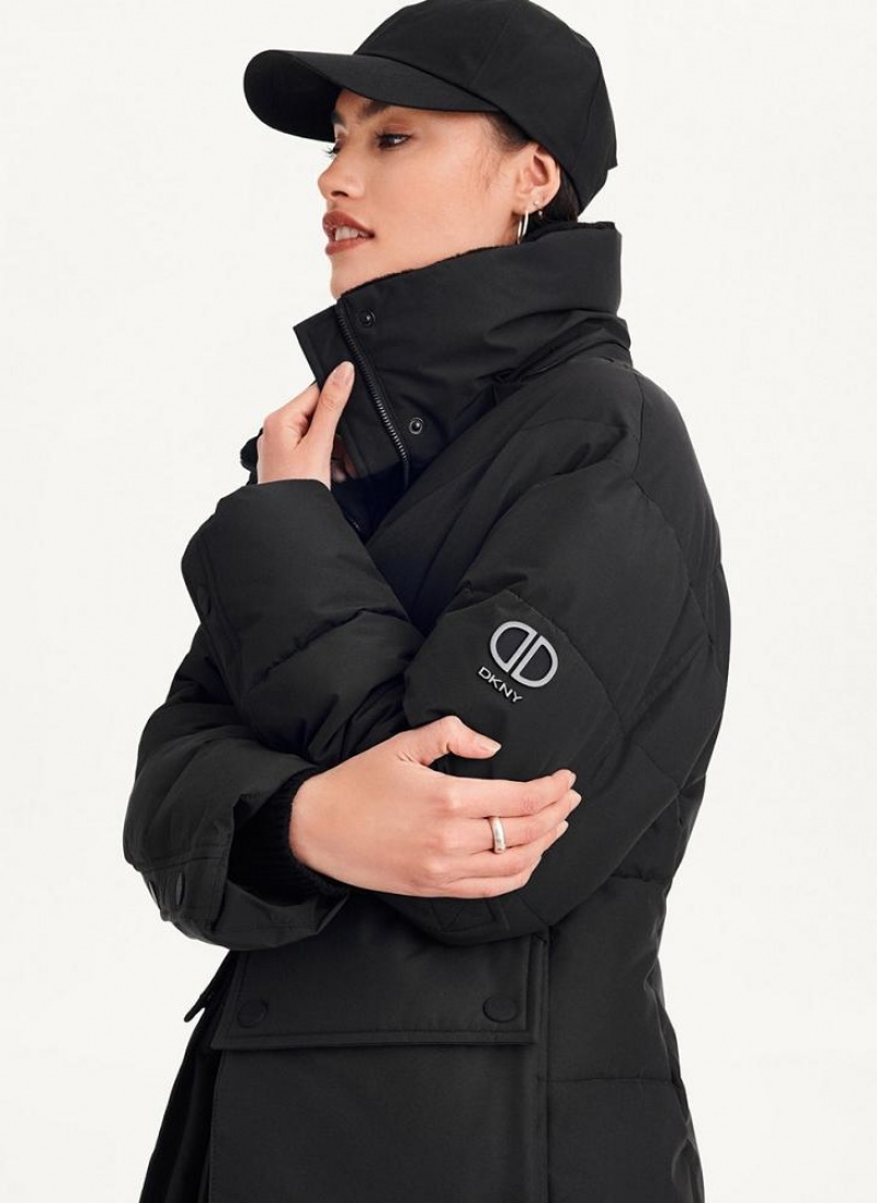 Black DKNY Long Puffer With Faux Fur Hood Women's Coats | USA-D0800