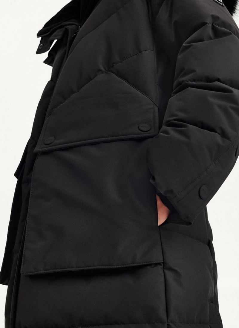 Black DKNY Long Puffer With Faux Fur Hood Women's Coats | USA-D0800