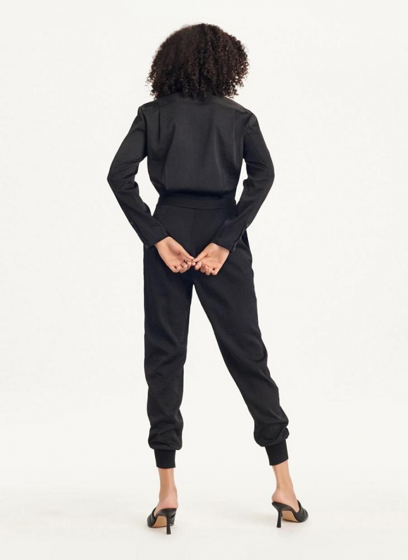 Black DKNY Long Sleeve Button Front With Lapel Women's Jumpsuits | USA-D1175