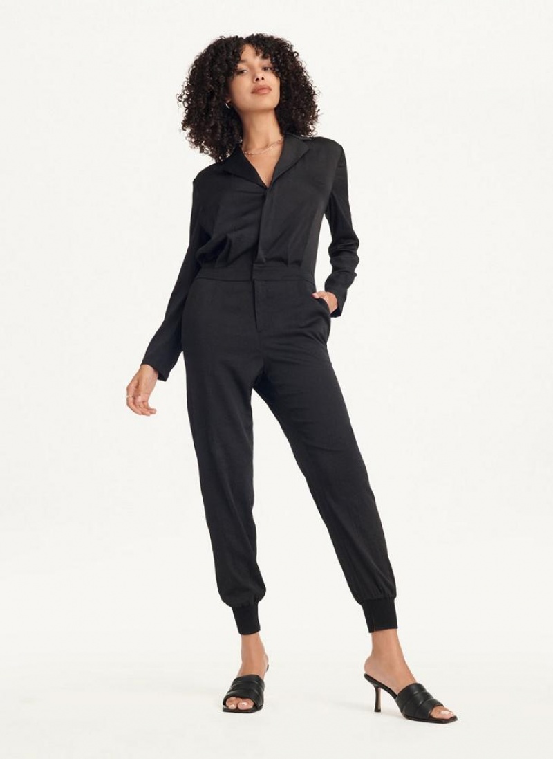 Black DKNY Long Sleeve Button Front With Lapel Women's Jumpsuits | USA-D1175