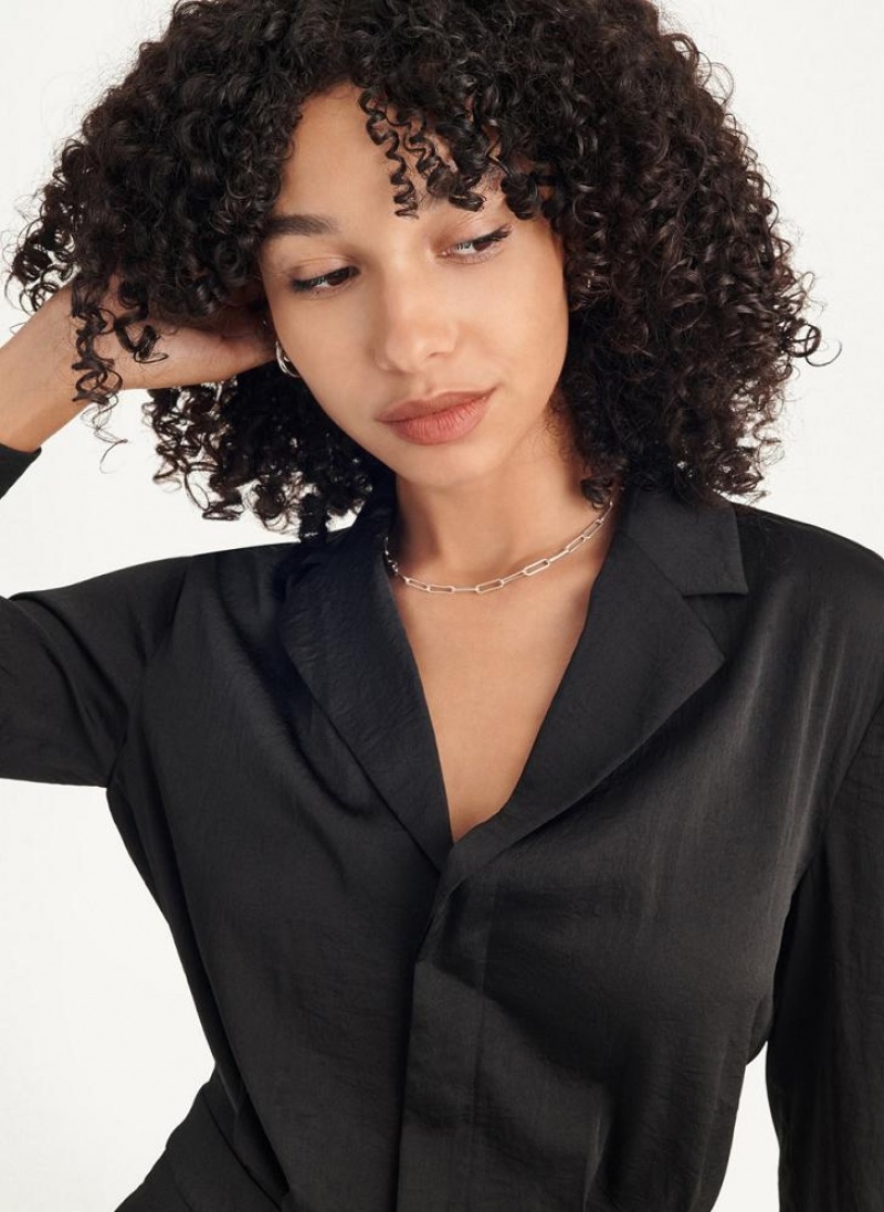 Black DKNY Long Sleeve Button Front With Lapel Women's Jumpsuits | USA-D1175