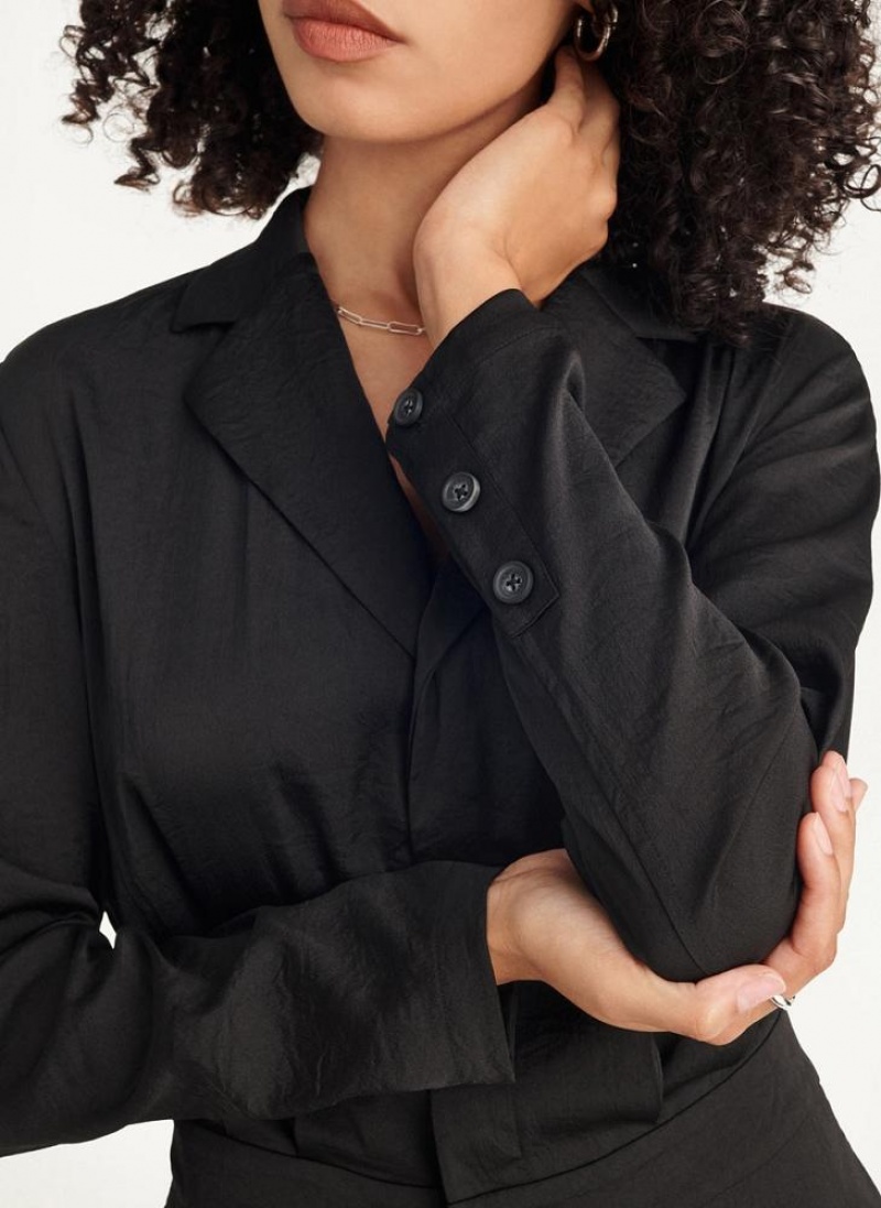 Black DKNY Long Sleeve Button Front With Lapel Women's Jumpsuits | USA-D1175