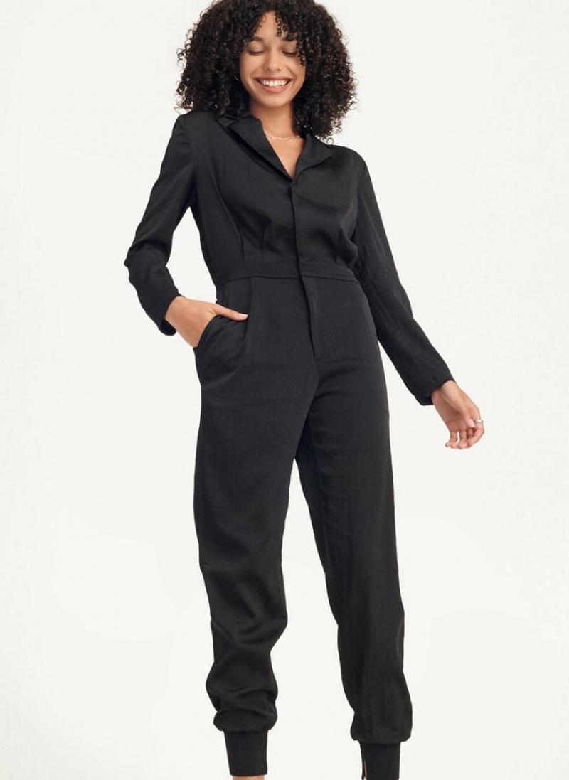Black DKNY Long Sleeve Button Front With Lapel Women\'s Jumpsuits | USA-D1175