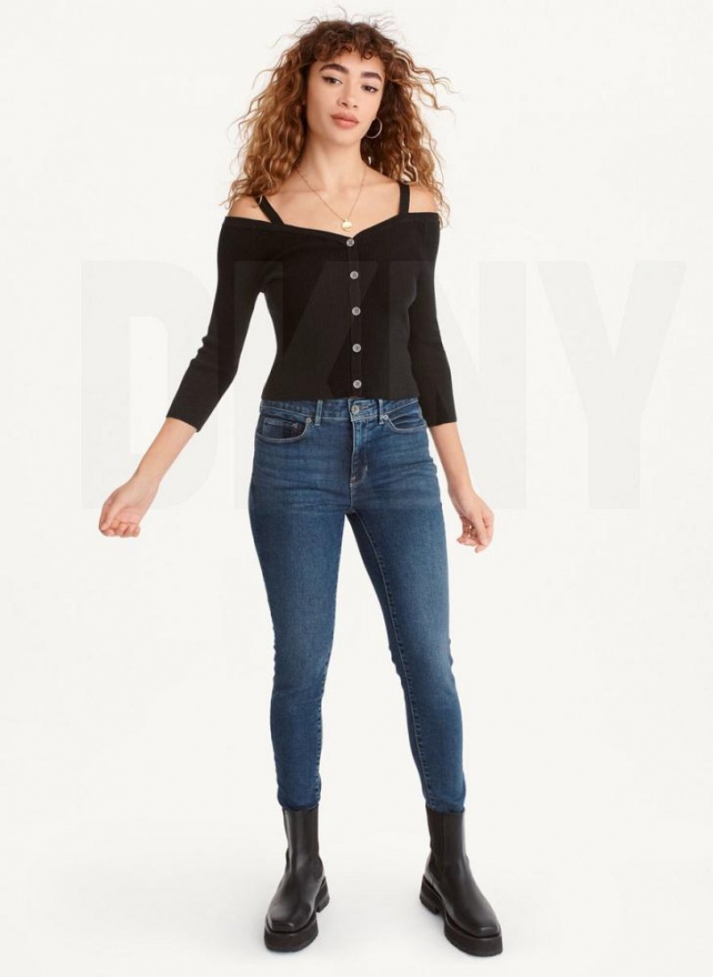 Black DKNY Long Sleeve Cold Shoulder Women's Sweaters | USA-D0638