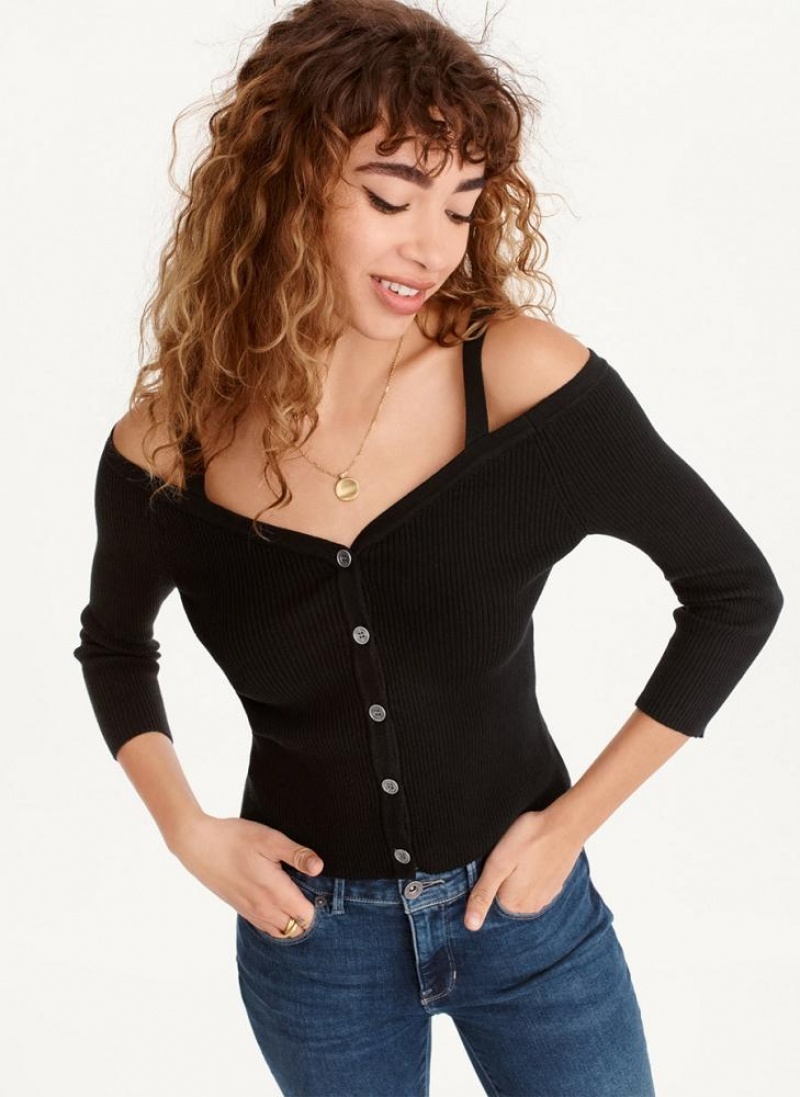 Black DKNY Long Sleeve Cold Shoulder Women\'s Sweaters | USA-D0638