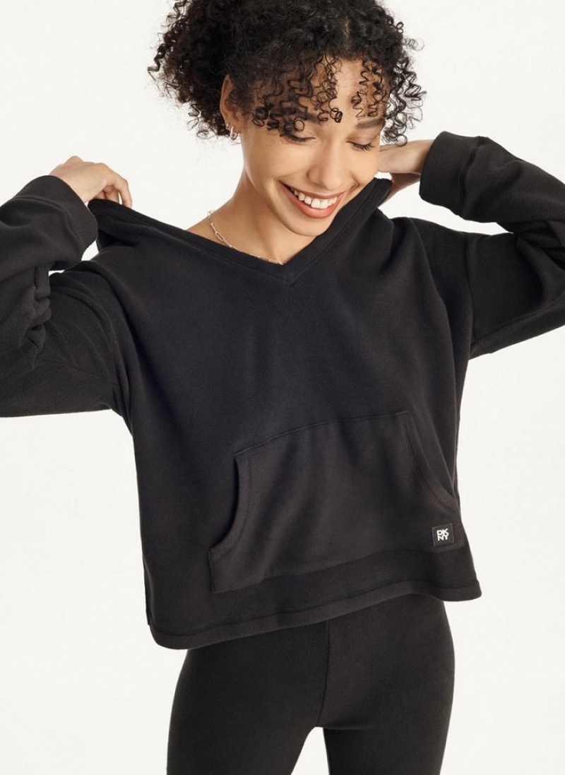 Black DKNY Long Sleeve Hooded Top And Legging Set Women's Pajamas | USA-D1561