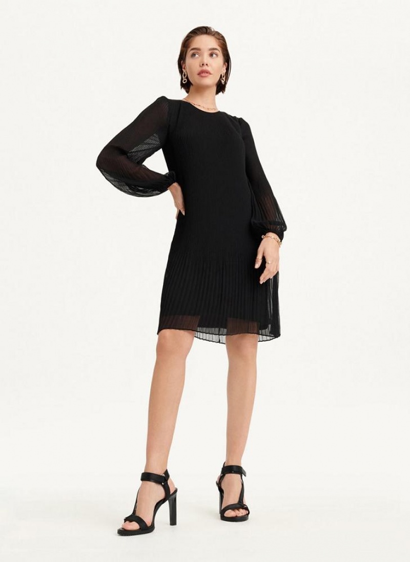 Black DKNY Long Sleeve Pleated A Line Women's Dresses | USA-D1013