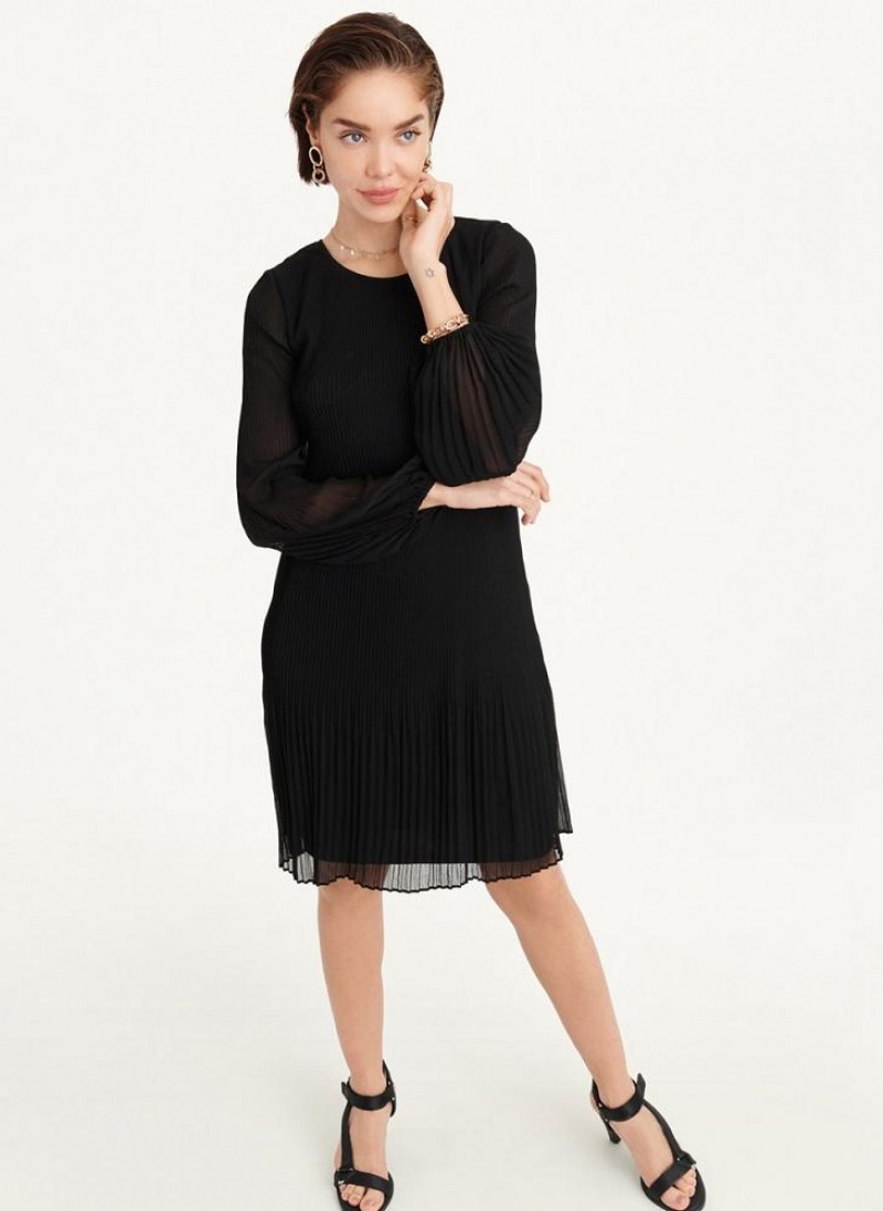 Black DKNY Long Sleeve Pleated A Line Women's Dresses | USA-D1013