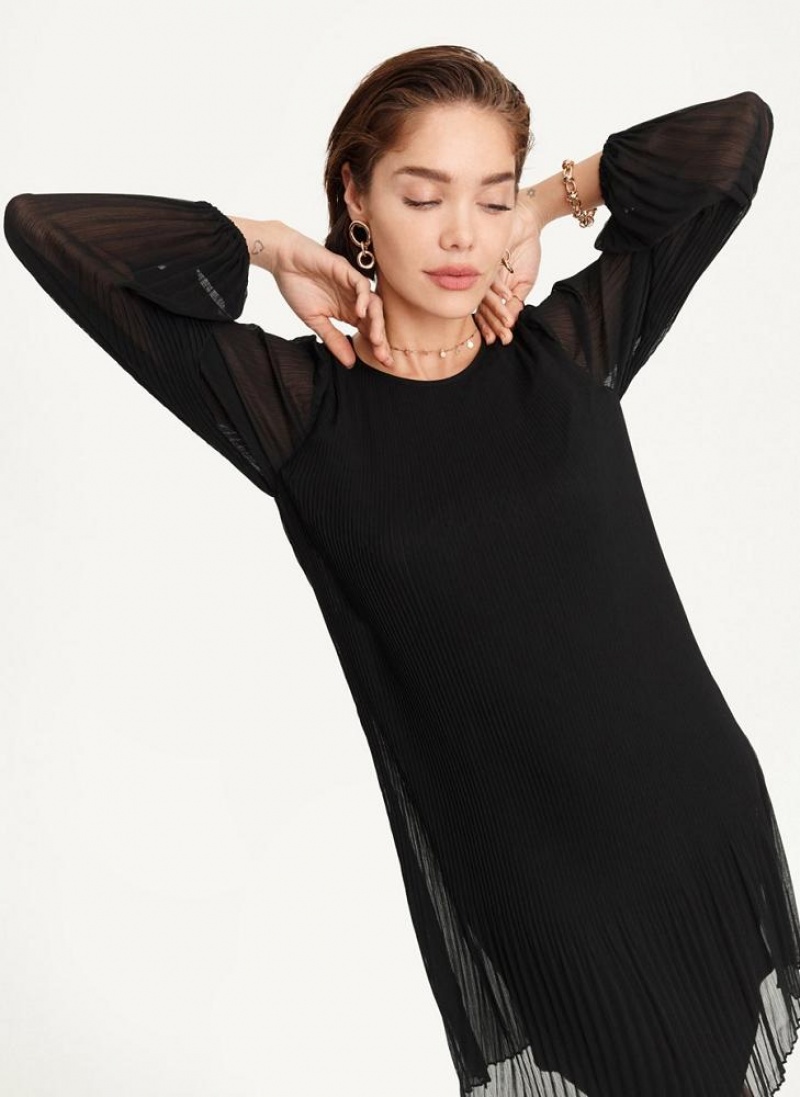Black DKNY Long Sleeve Pleated A Line Women's Dresses | USA-D1013