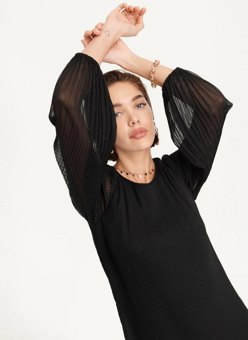 Black DKNY Long Sleeve Pleated A Line Women's Dresses | USA-D1013