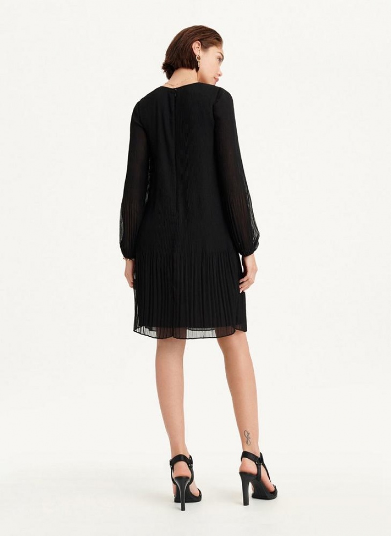 Black DKNY Long Sleeve Pleated A Line Women's Dresses | USA-D1013