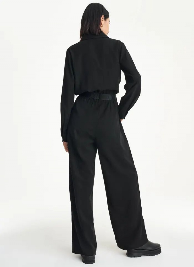 Black DKNY Long Sleeve Roll Sleeve Zip Front Women's Jumpsuits | USA-D1677