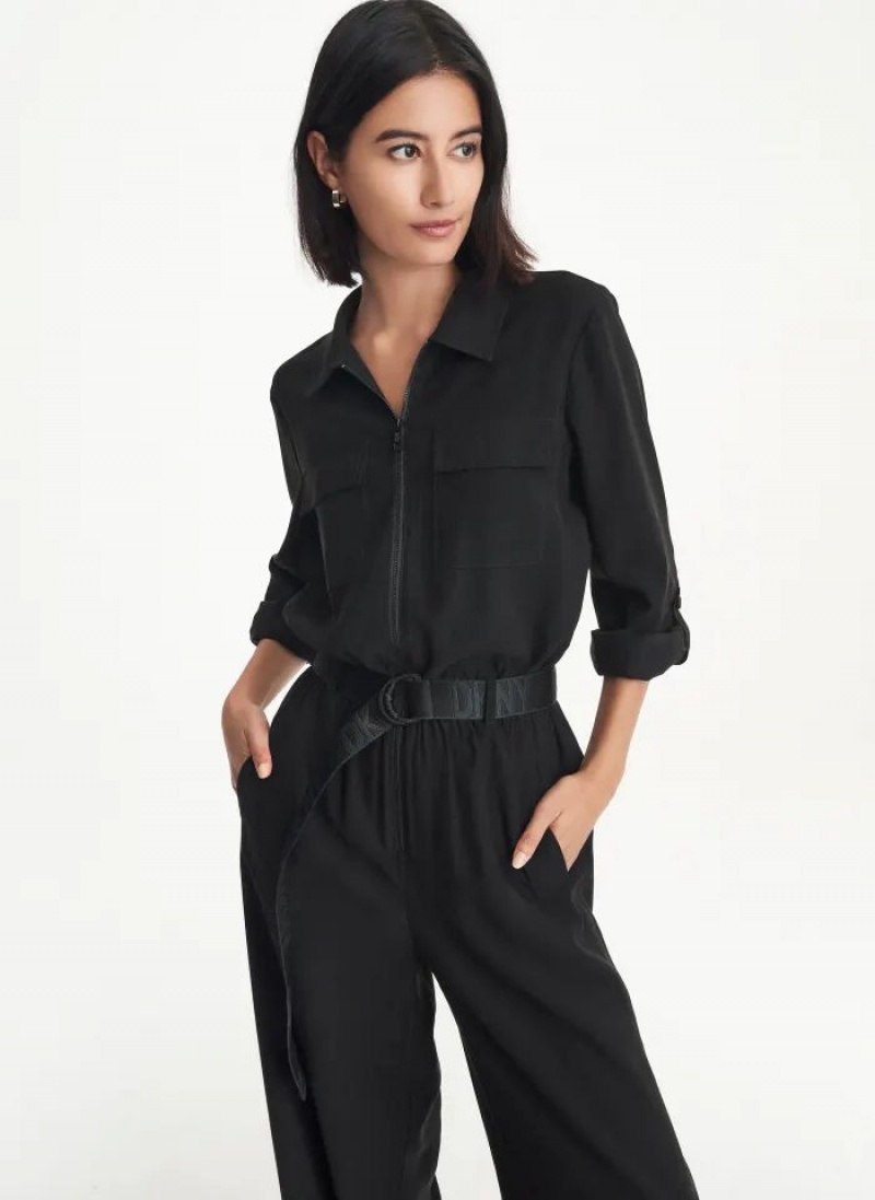 Black DKNY Long Sleeve Roll Sleeve Zip Front Women's Jumpsuits | USA-D1677