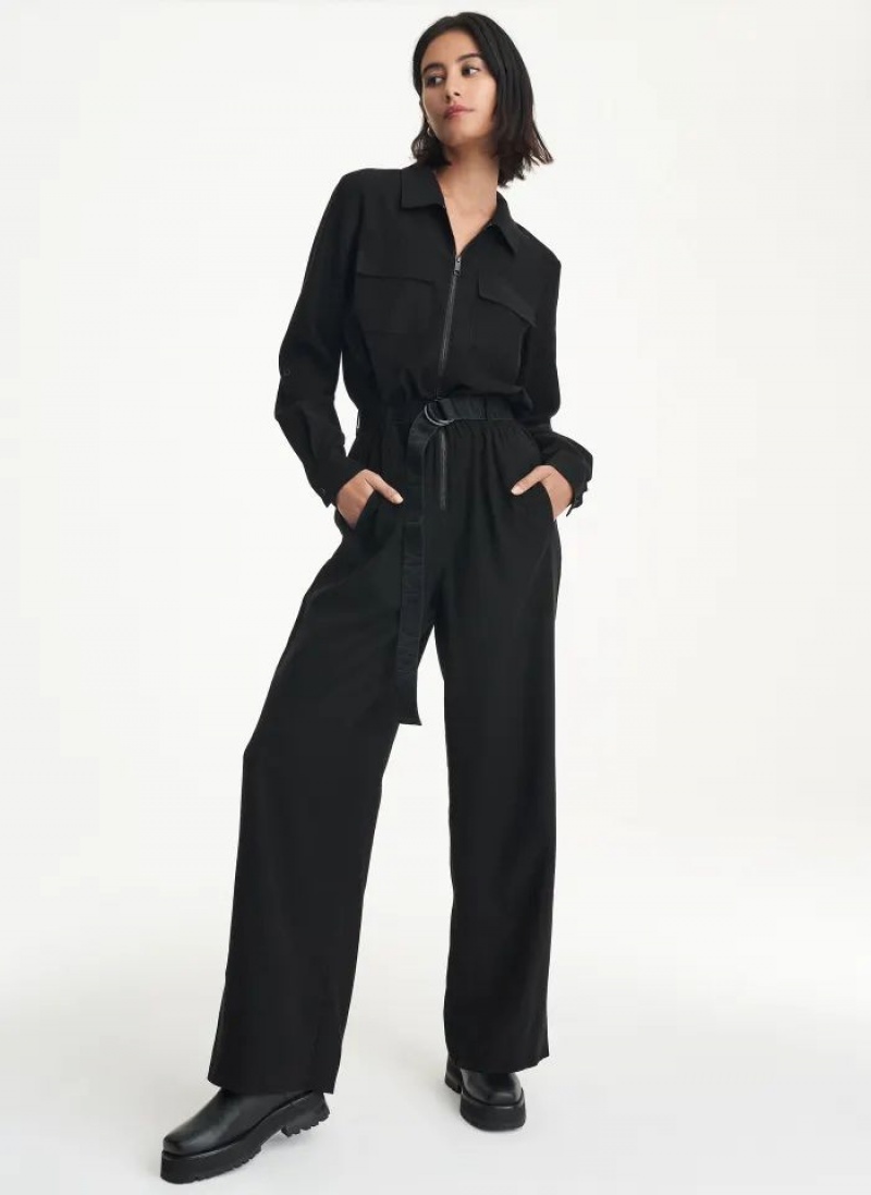 Black DKNY Long Sleeve Roll Sleeve Zip Front Women\'s Jumpsuits | USA-D1677