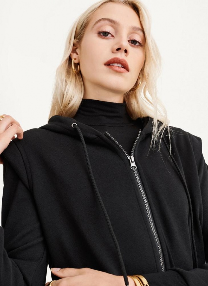 Black DKNY Long Sleeve Zip Up With Flange Shoulder Women's Hoodies | USA-D1482