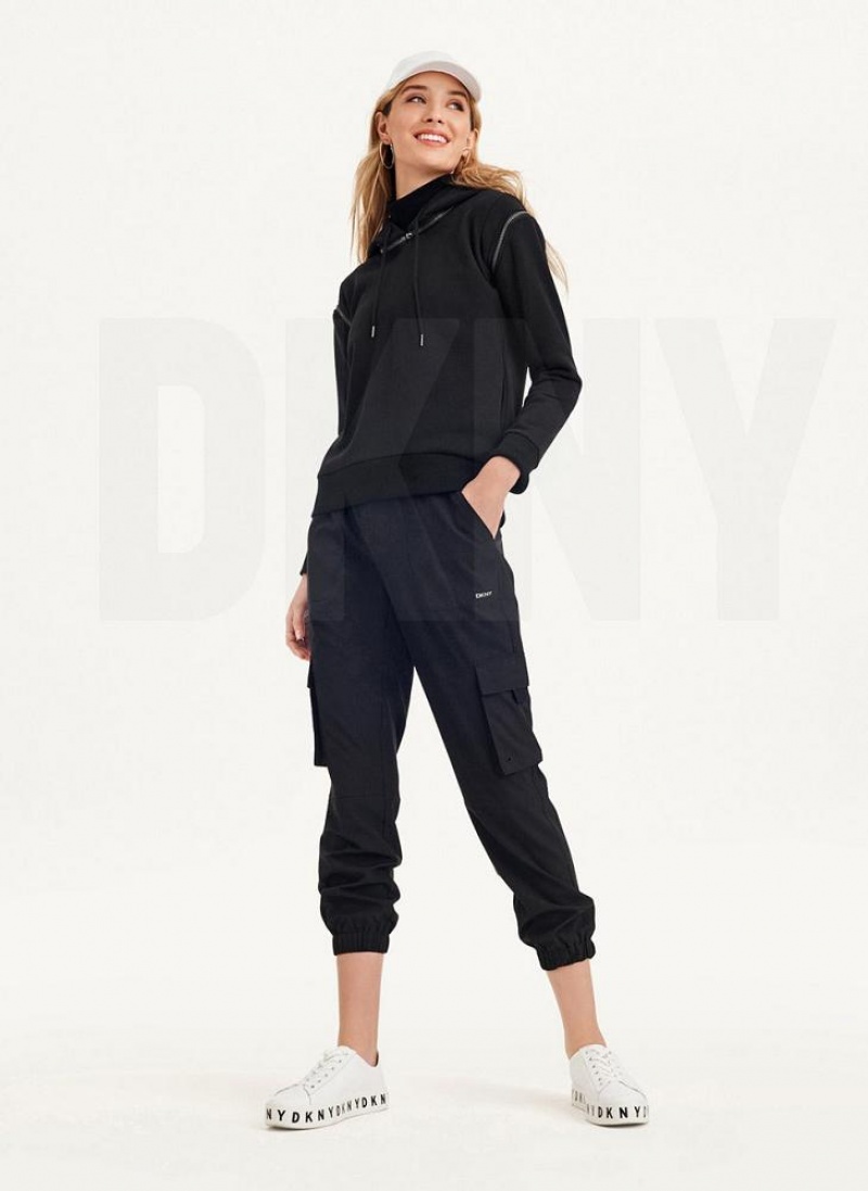 Black DKNY Long Sleeve Zipper Shoulder With Detachable Women's Hoodies | USA-D1145
