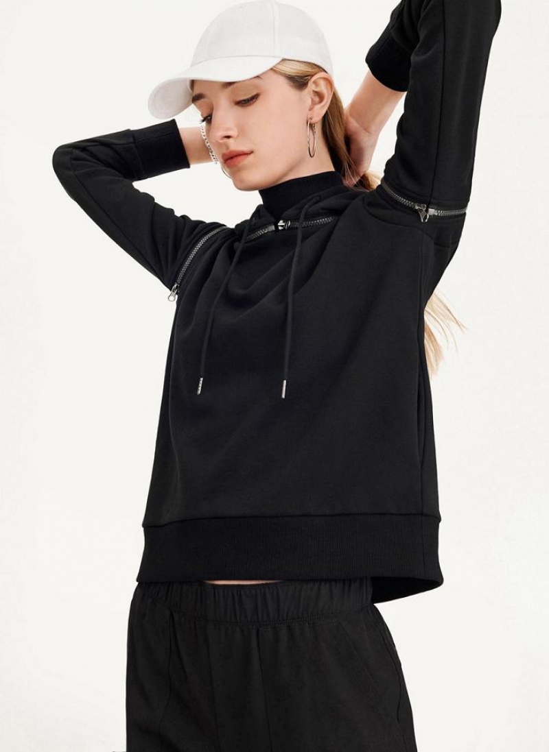Black DKNY Long Sleeve Zipper Shoulder With Detachable Women\'s Hoodies | USA-D1145