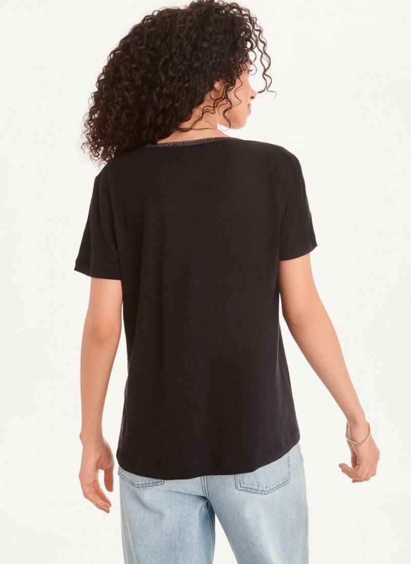 Black DKNY Lurex Trim Women's T Shirts | USA-D1904