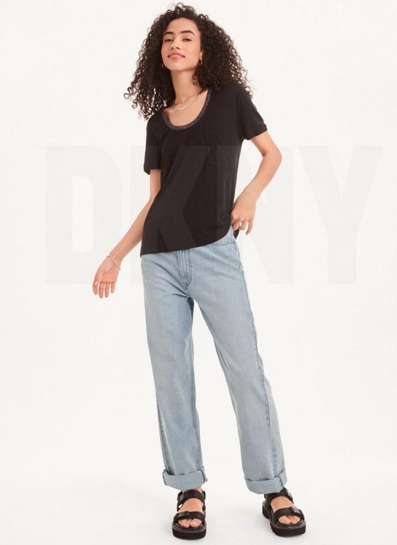 Black DKNY Lurex Trim Women's T Shirts | USA-D1904
