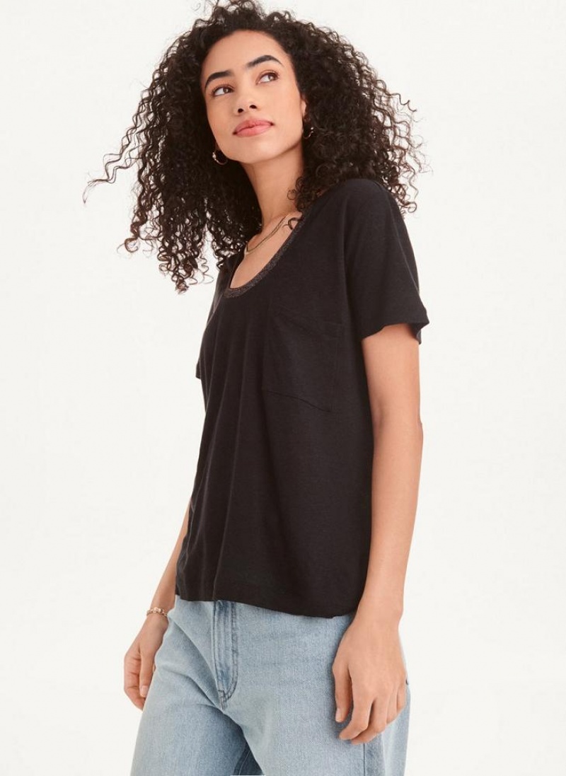 Black DKNY Lurex Trim Women's T Shirts | USA-D1904