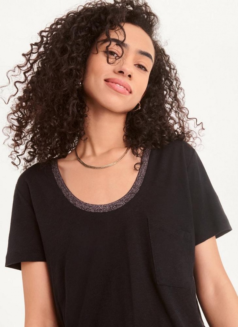 Black DKNY Lurex Trim Women\'s T Shirts | USA-D1904