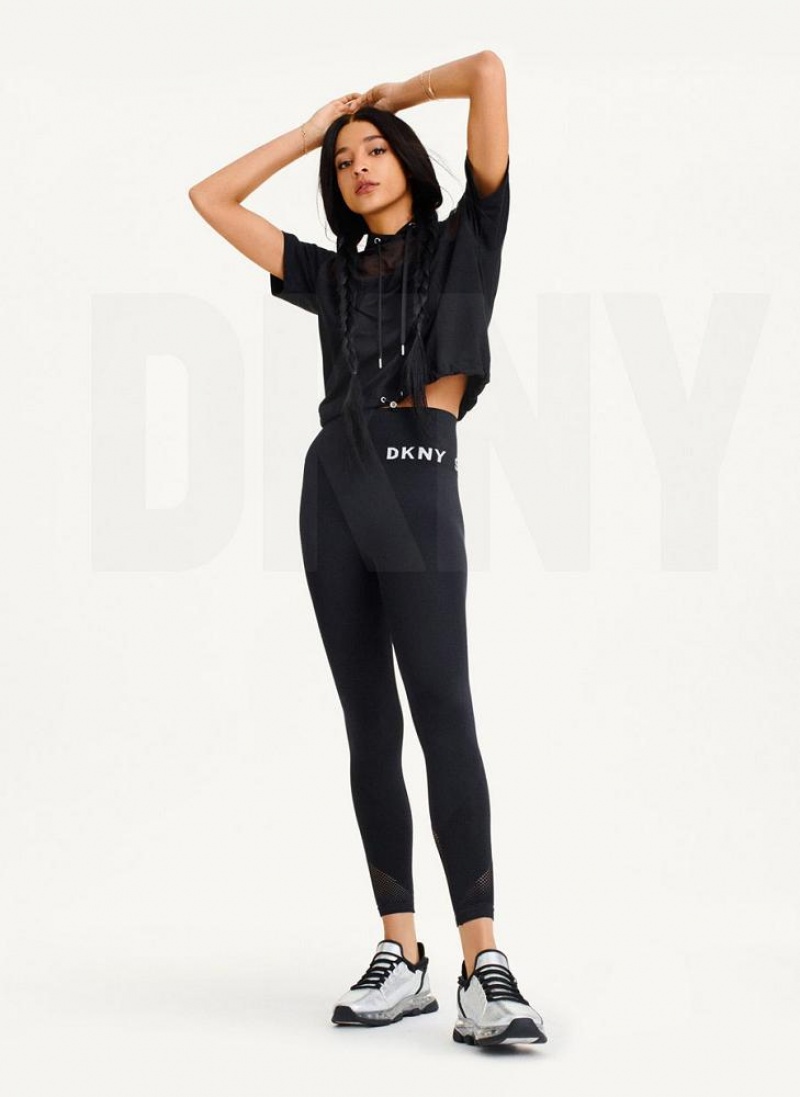 Black DKNY Mesh Blocked Short Sleeve Women's Hoodies | USA-D0551