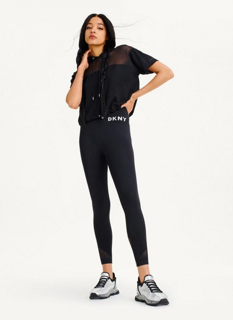 Black DKNY Mesh Blocked Short Sleeve Women's Hoodies | USA-D0551