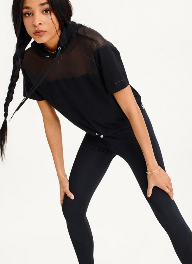 Black DKNY Mesh Blocked Short Sleeve Women's Hoodies | USA-D0551