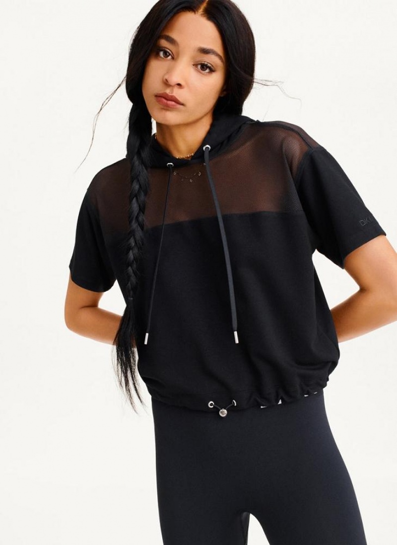 Black DKNY Mesh Blocked Short Sleeve Women's Hoodies | USA-D0551