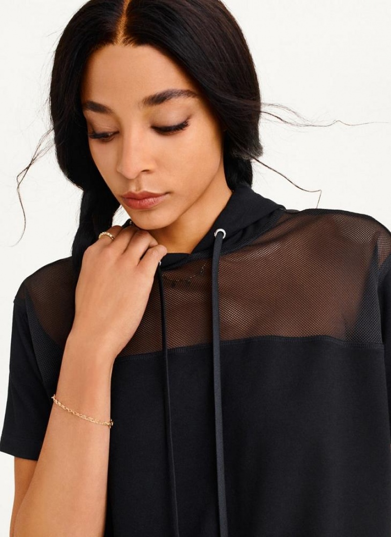 Black DKNY Mesh Blocked Short Sleeve Women's Hoodies | USA-D0551