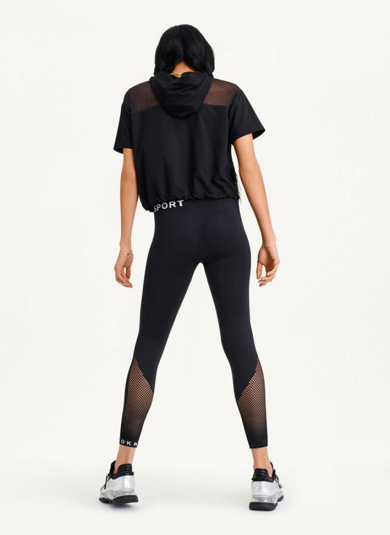 Black DKNY Mesh Blocked Short Sleeve Women's Hoodies | USA-D0551