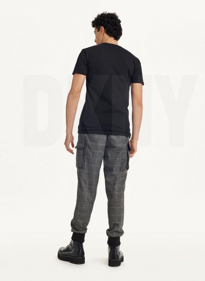 Black DKNY Metallic Puff Logo Men's T Shirts | USA-D0353