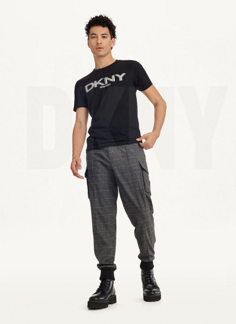 Black DKNY Metallic Puff Logo Men's T Shirts | USA-D0353