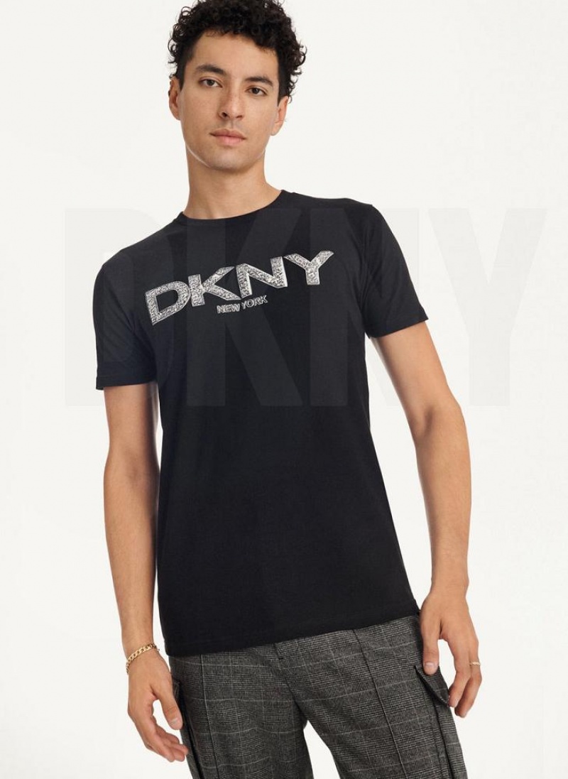Black DKNY Metallic Puff Logo Men's T Shirts | USA-D0353