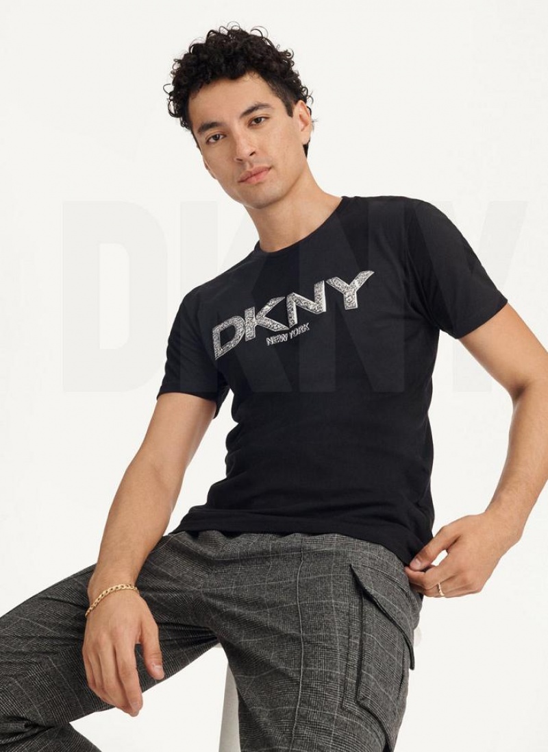 Black DKNY Metallic Puff Logo Men's T Shirts | USA-D0353