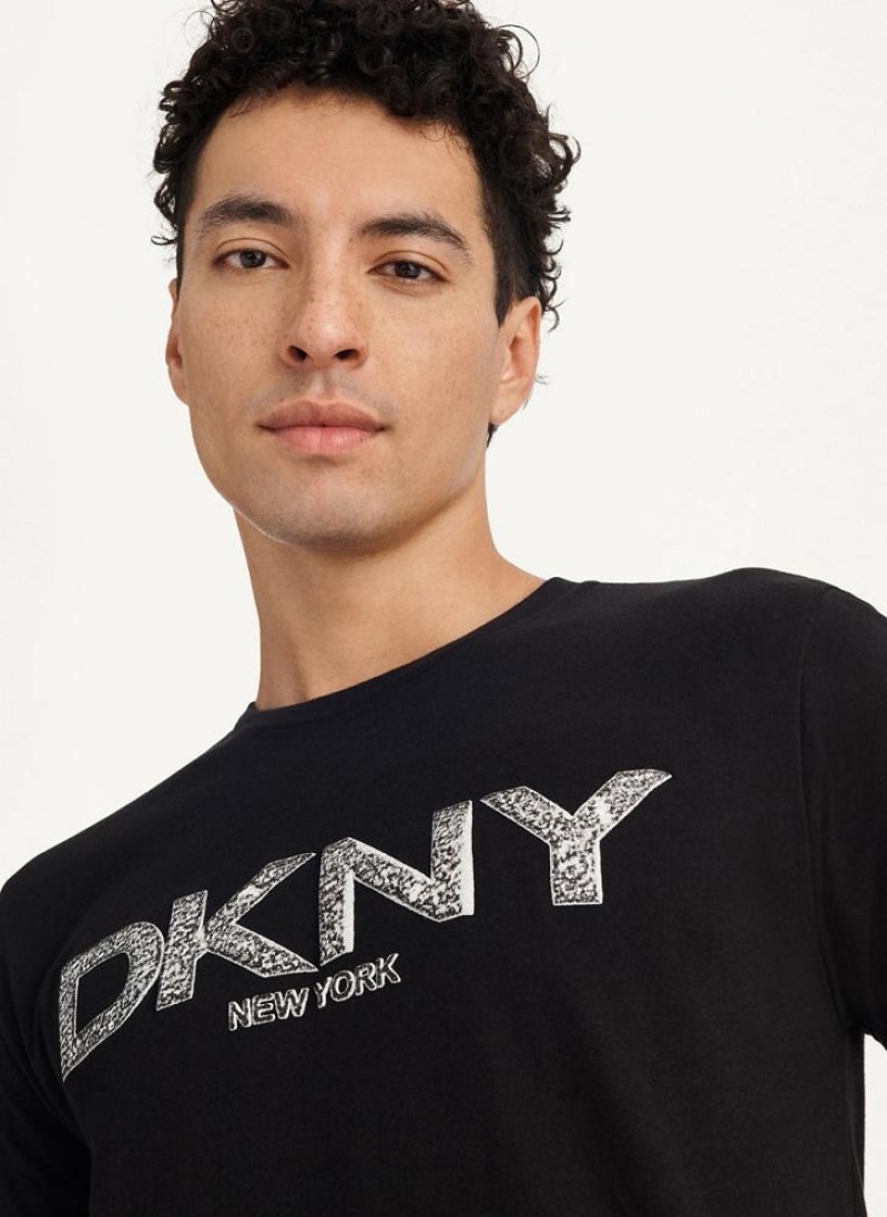 Black DKNY Metallic Puff Logo Men's T Shirts | USA-D0353