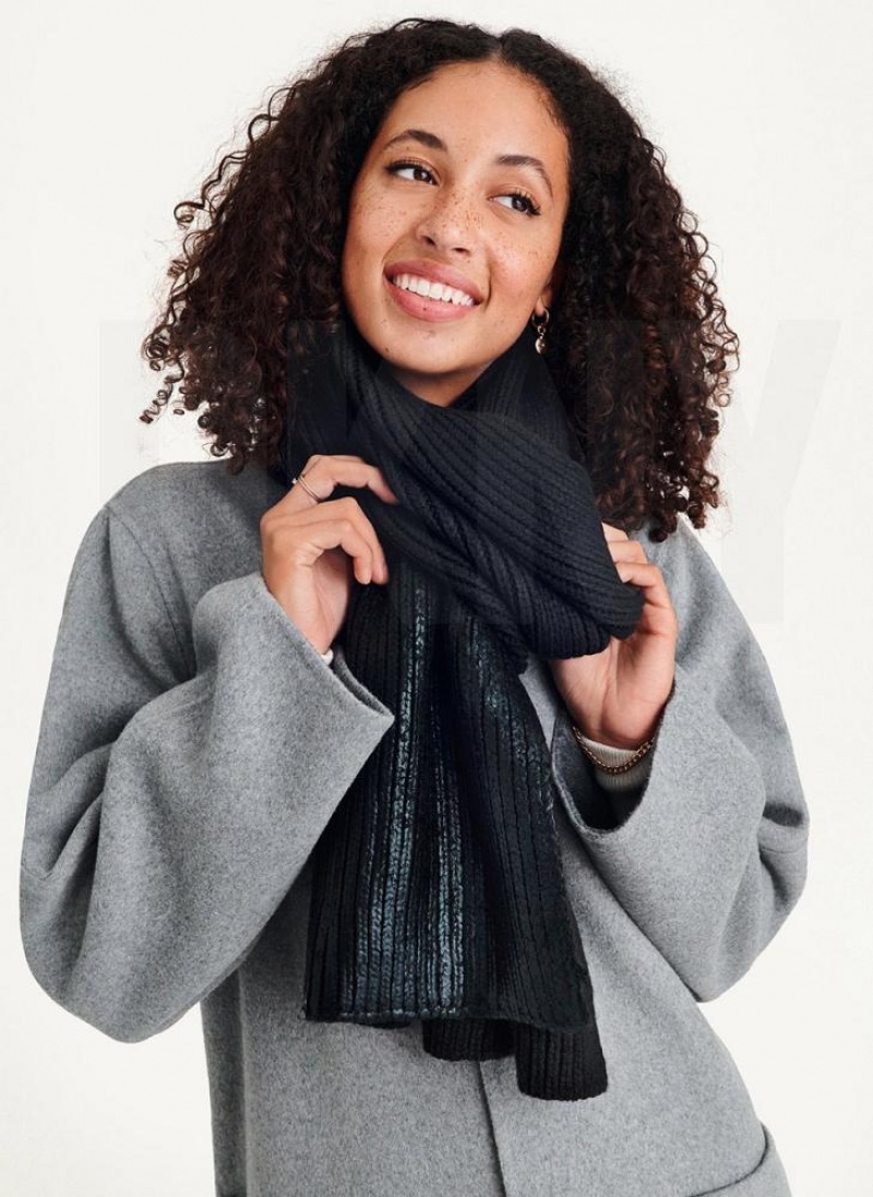 Black DKNY Metallic Rib Knit Oblong Women's Scarf | USA-D0603
