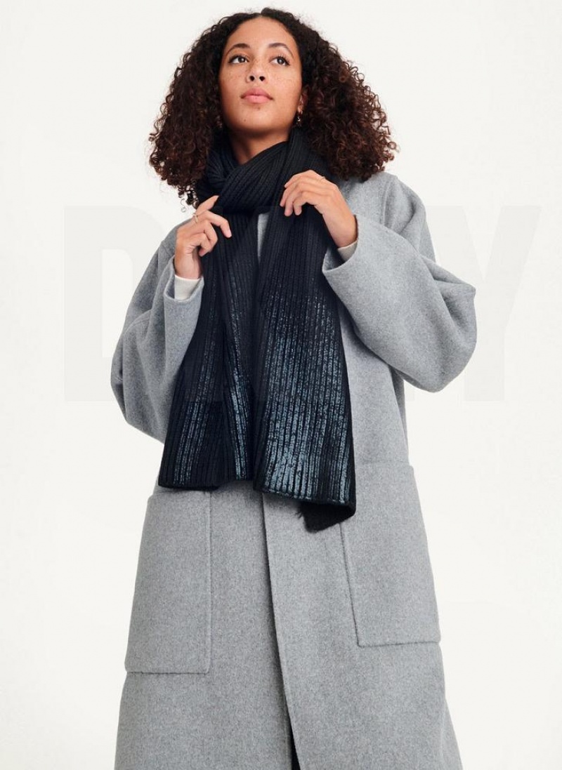 Black DKNY Metallic Rib Knit Oblong Women's Scarf | USA-D0603