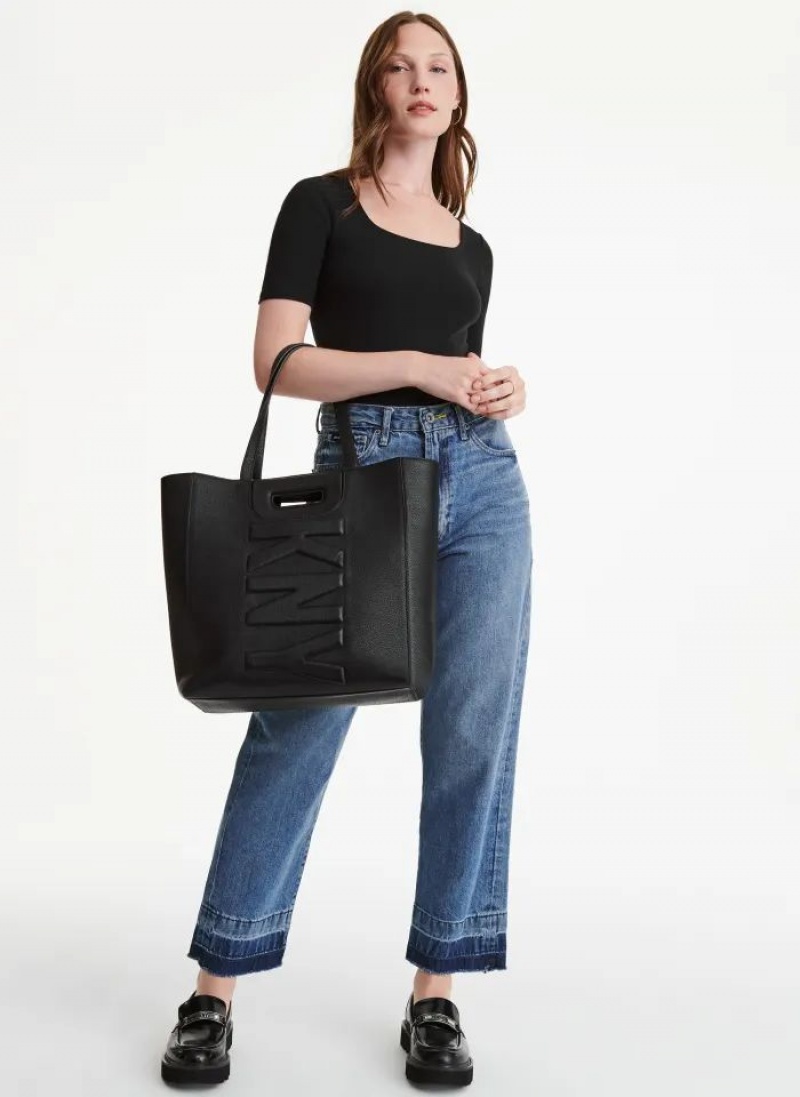 Black DKNY Metro Leather Editorial Bags Tote Bags | USA-D0194