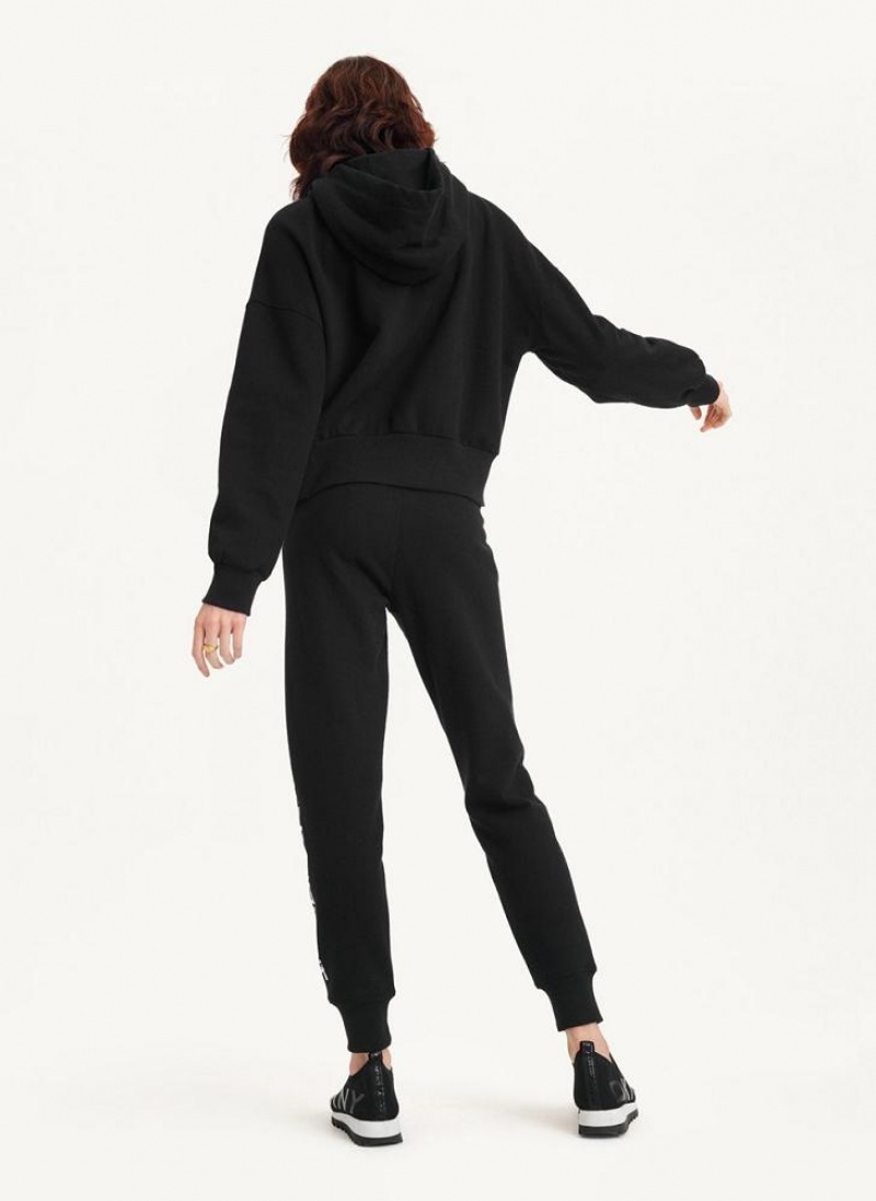 Black DKNY Mixed Distressed Metallic Logo Cropped Women's Hoodies | USA-D1942