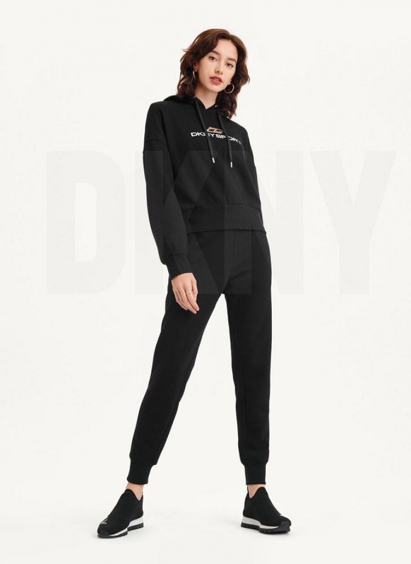 Black DKNY Mixed Distressed Metallic Logo Cropped Women's Hoodies | USA-D1942