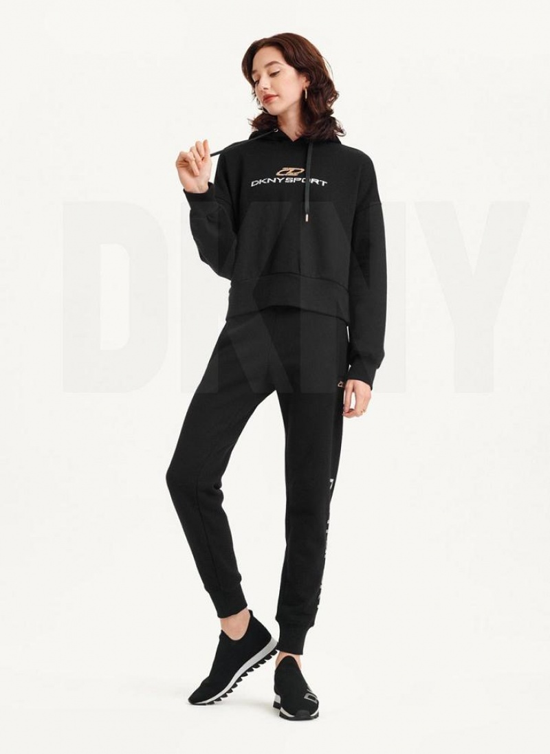 Black DKNY Mixed Distressed Metallic Logo Cropped Women's Hoodies | USA-D1942