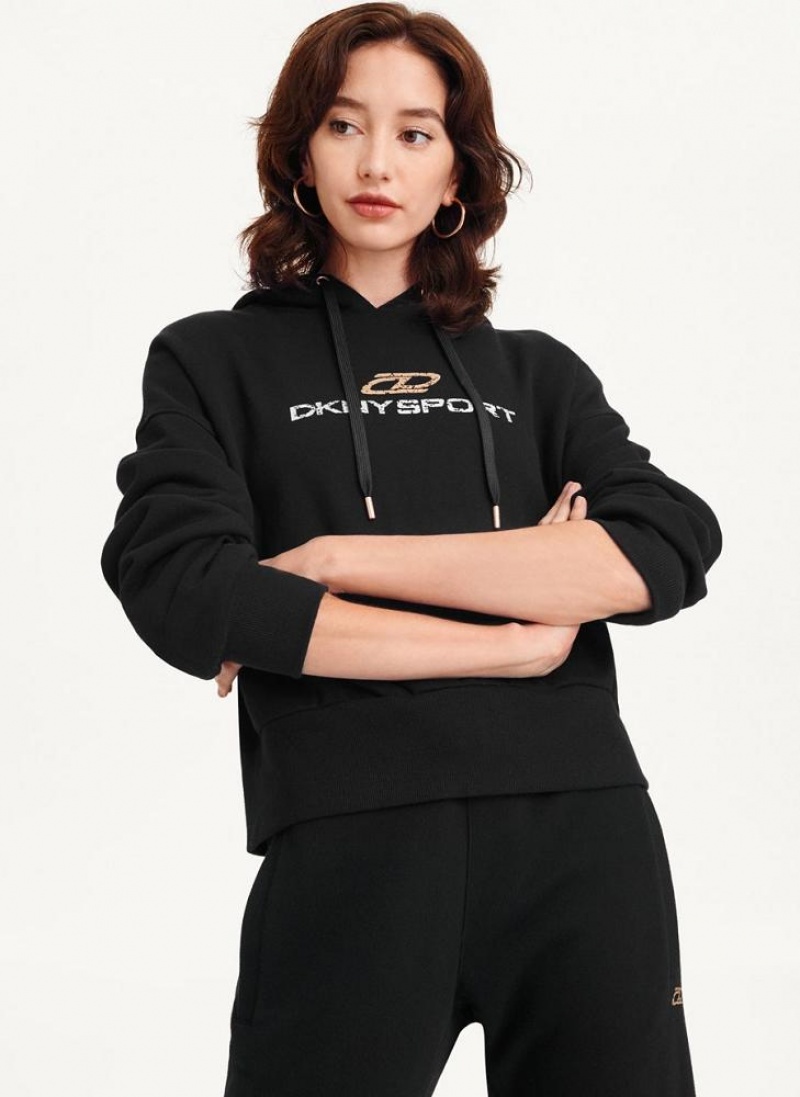 Black DKNY Mixed Distressed Metallic Logo Cropped Women's Hoodies | USA-D1942