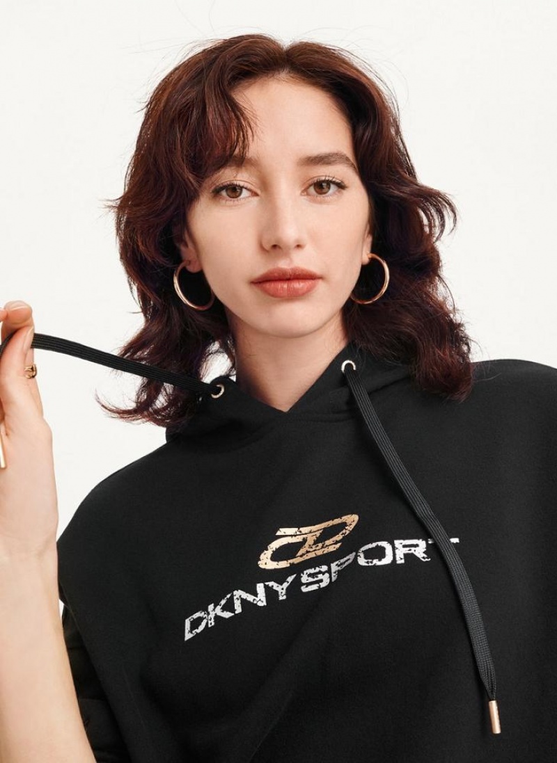 Black DKNY Mixed Distressed Metallic Logo Cropped Women's Hoodies | USA-D1942