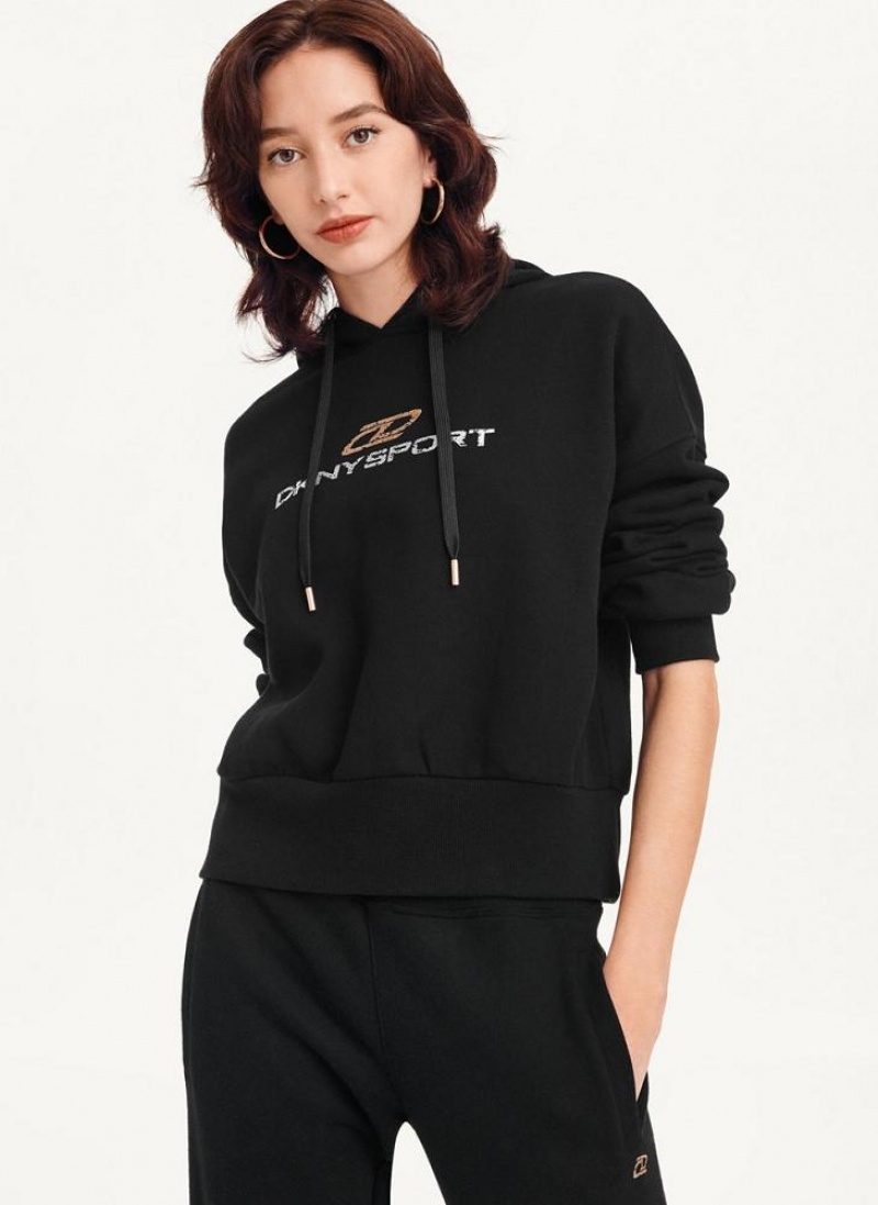 Black DKNY Mixed Distressed Metallic Logo Cropped Women\'s Hoodies | USA-D1942