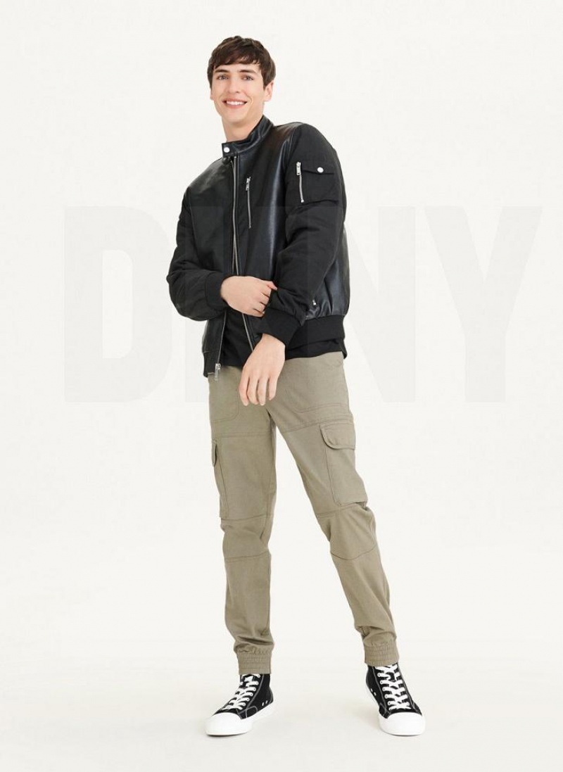 Black DKNY Mixed Media Faux Leather Bomber Men's Jackets | USA-D1342