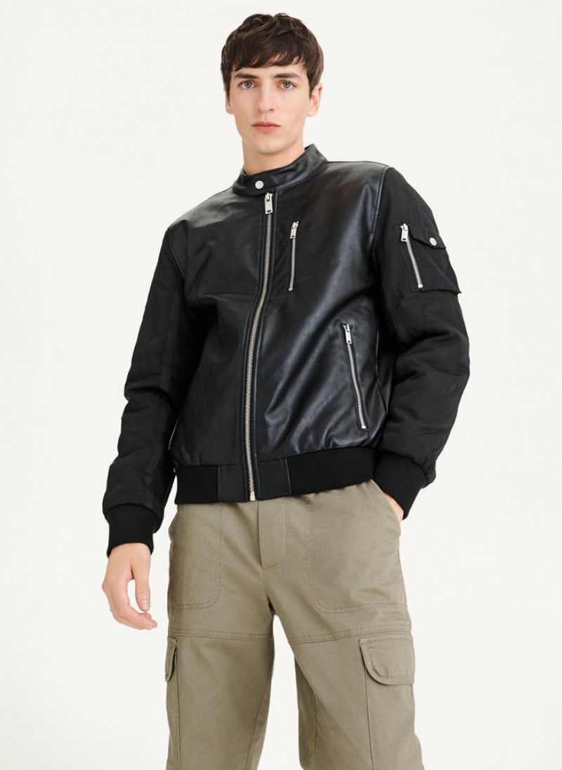 Black DKNY Mixed Media Faux Leather Bomber Men's Jackets | USA-D1342